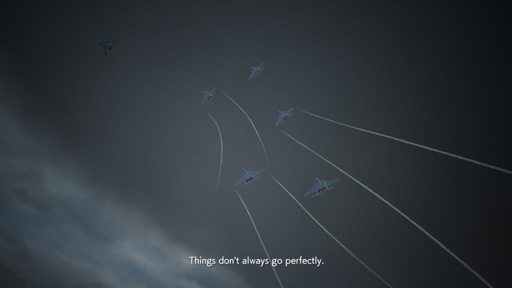 Screen capture from cut scene from Ace Combat 7: Skies Unknown. Jets flying away with the caption of "Things don't always go perfectly". 