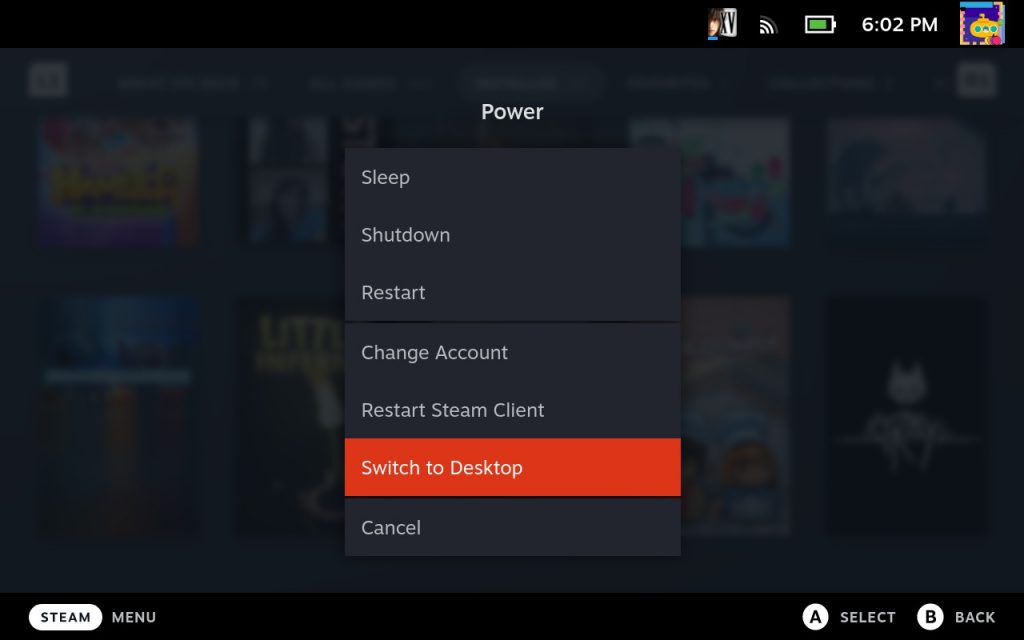 Screenshot on the steam deck of switching to desktop mode